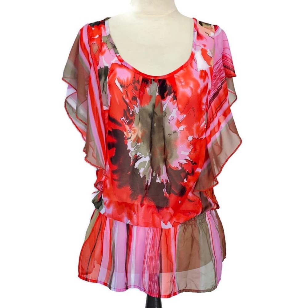 ☘️5 for $25☘️ Halo Short Sleeve Blouse Red Pink Tan Size Medium